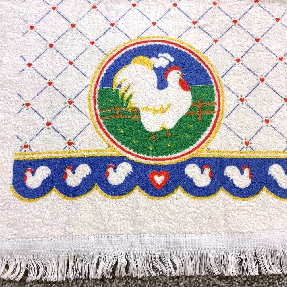 VTG CANNON Hand Kitchen Towel Fringe‎ 70s NOS Farmhouse Rooster Heart Checkered